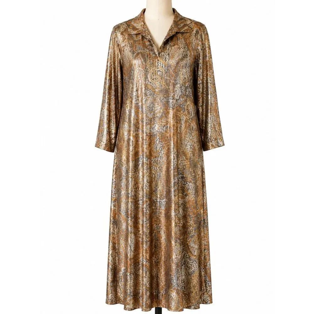 Vintage Laurence Kazar Metallic Paisley Maxi Dress Boho Glam Festival M